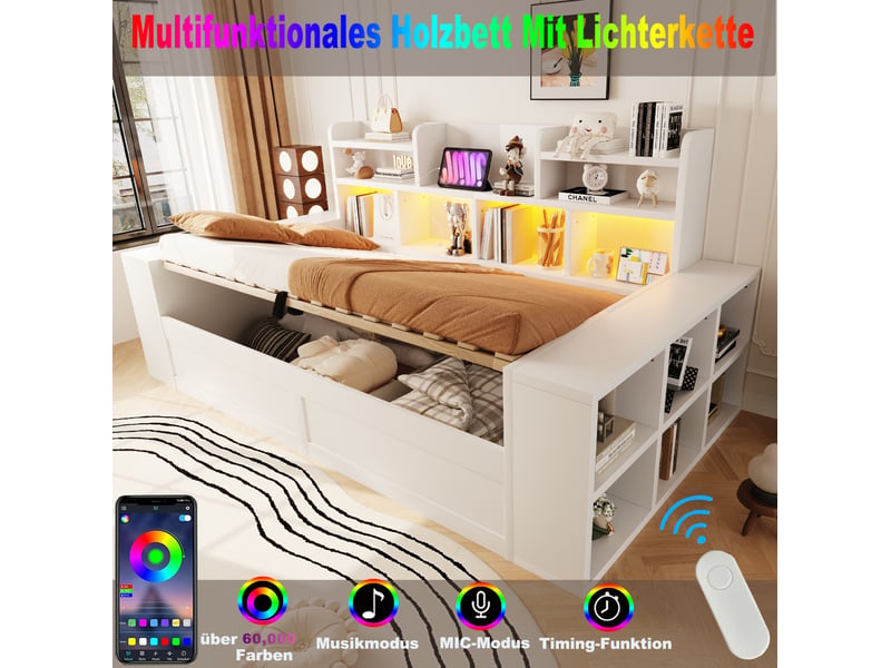  Canapé-lit 1 place 90x200 cm blanc avec rangement hydraulique, led, prises et étagères, sans matelas  - Conforama D