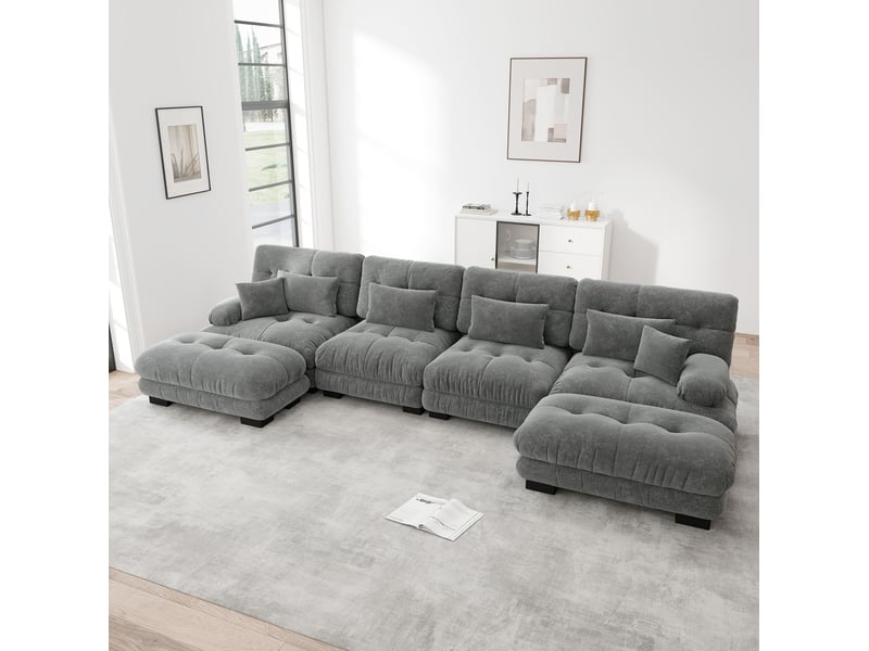 Canapé modulable modenvie 4 places en u 406 x 145 x 81 cm chenille gris avec ottomans mobiles - Conforama D