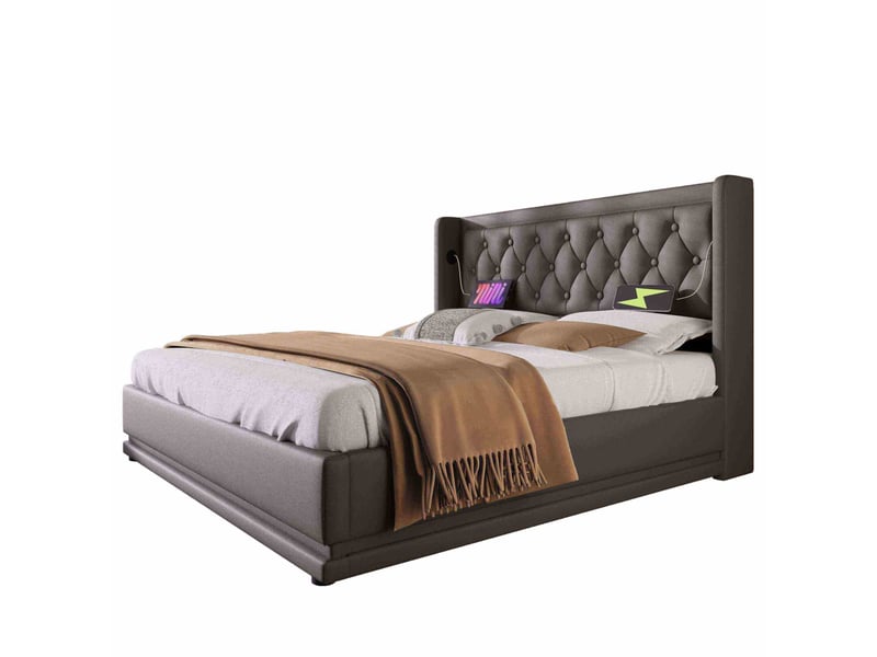  Lit coffre 160x200 cm noir en pu, tête de lit capitonnée, led et usb-c  - Conforama A
