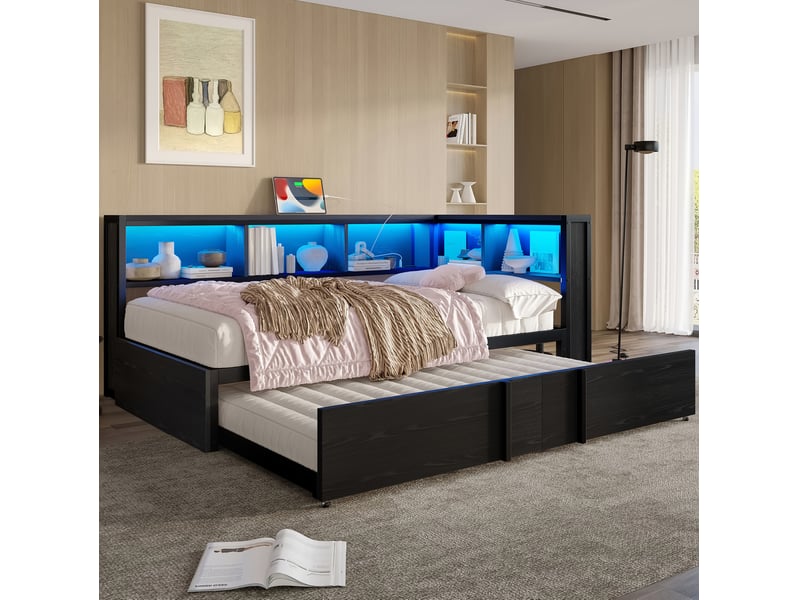  Lit banquette gigogne 90x200 cm, avec éclairage led, prises + usb, lit enfant, espace de rangement, lit 2 place, métal + mdf, noir sans matelas  - Conforama D