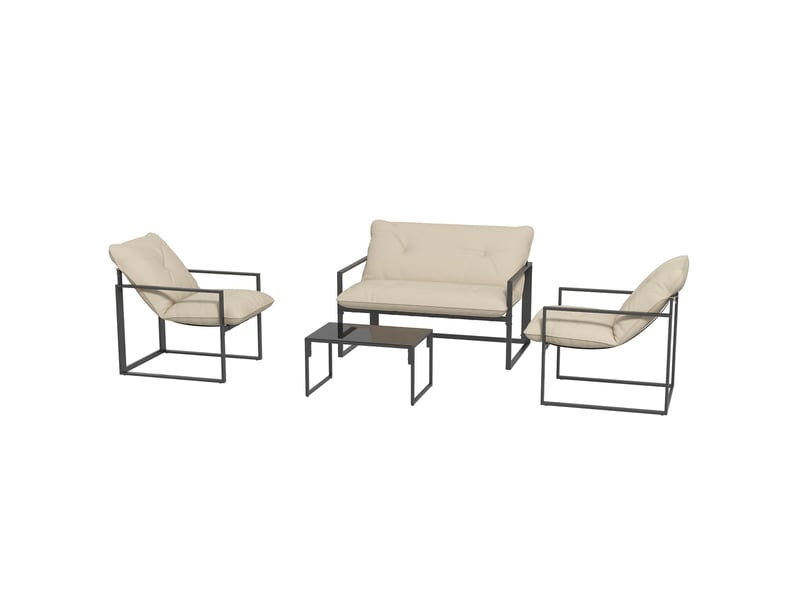  Salon de jardin 4 pcs 4 personnes avec canapé 2 pl., 2 fauteuils et 1 table basse gris  - Conforama A