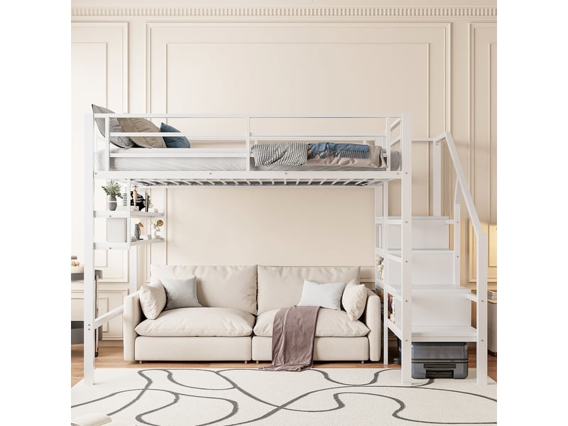  Lit mezzanine enfant 140 x 200 cm avec espace libre sous le lit, étagères et échelle de rangement, métal et mdf blanc, sans matelas  - Conforama D
