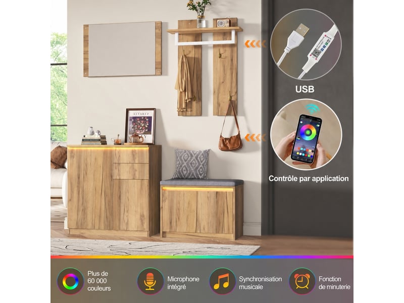  Ensemble meuble d'entrée 130x35x124,5 cm avec miroir, éclairage led et rangements  - Conforama E