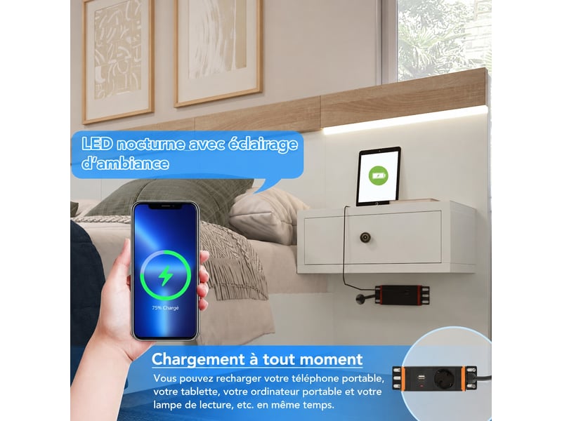 Lit double 160 x 200 cm avec 2 chevets led, usb-c, blanc et décor chêne sonoma - Conforama D