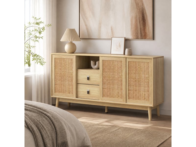  Buffet bas avec 3 portes coulissantes en rotin naturel et 2 tiroirs 155 x 38 x 80 cm bois clair  - Conforama B