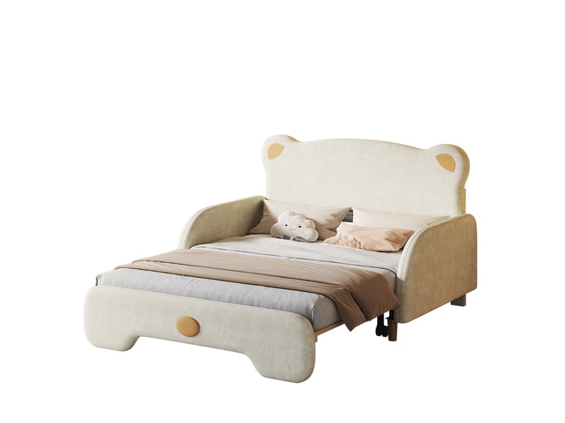  Lit enfant rembourré 140x200 cm en velours avec lit gigogne 140x105 cm, tête de lit ours, bords de protection doux - beige  - Conforama A