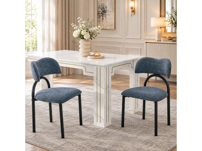  Chaises de salle à manger lot de 2 avec dossier incurvé rembourré  - piètement métal, tissu bleu  - Conforama B