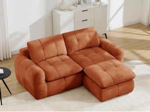 Canapé d'angle modulable 2 places en tissu chenille, forme l avec pouf, orange