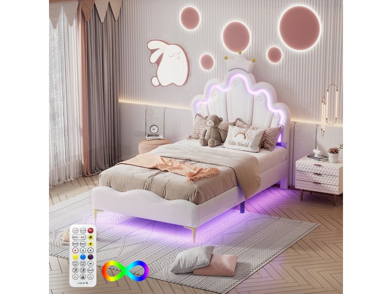 Lit enfant 90x200 cm avec éclairage led et tête de lit réglable en hauteur, tête de lit capitonnée en pu blanc, structure de lit avec sommier à lattes - Conforama E