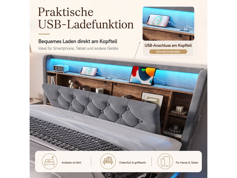 Lit coffre capitonné 160x200 cm en velours gris avec led, rangements et ports usb  - Conforama E