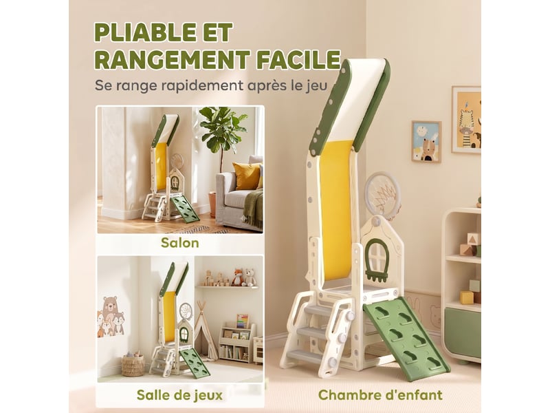  Toboggan pour enfant pliable 5-en-1 avec escalade, panier de basket, espace de rangement et ballon, crème  - Conforama E