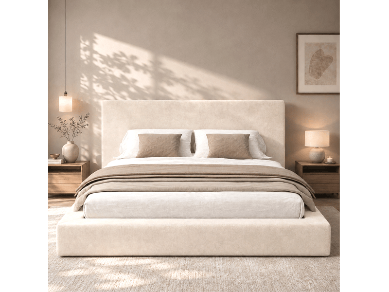  Lit double 180x200 cm lit adulte avec sommier à lattes, chenille beige, sans matelas  - Conforama B
