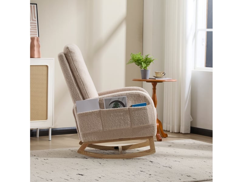 Fauteuil à bascule d'allaitement avec repose-pieds, dossier haut et poche latérale en tissu peluche beige - Conforama E