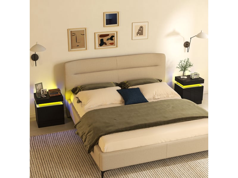  Ensemble de 2 tables de chevet led avec 16 couleurs et 4 modes d'éclairage, 2 tiroirs, en bois, 45 x 35 x 52 cm, noir  - Conforama D