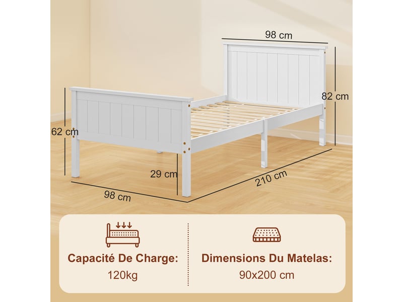  Cadre de lit 90 x 200 cm, assemblage facile, lit simple en bois massif avec sommier à lattes tête et pied inclus, blanc  - Conforama C