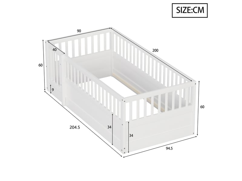 Lit enfant en bois lit simple 90x200 cm avec barrières porte blanc  - Conforama C