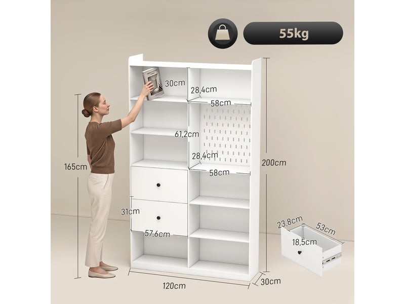  Bibliothèque 8 niches 2 tiroirs panneau perforé 120 x 30 x 200 cm blanc  - Conforama C