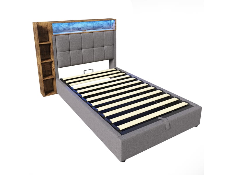  Lit coffre 90 × 200 cm, tête rembourrée avec rangements, led, ports usb et usb-c, revêtement en lin et mdf, gris  - Conforama A