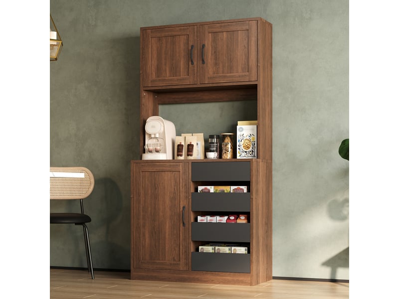  Armoire de cuisine haute 80x40x170cm, 4 tiroirs, placards fermés et étagères réglables, meuble garde-manger effet noyer et noir, pour cuisine  - Conforama C