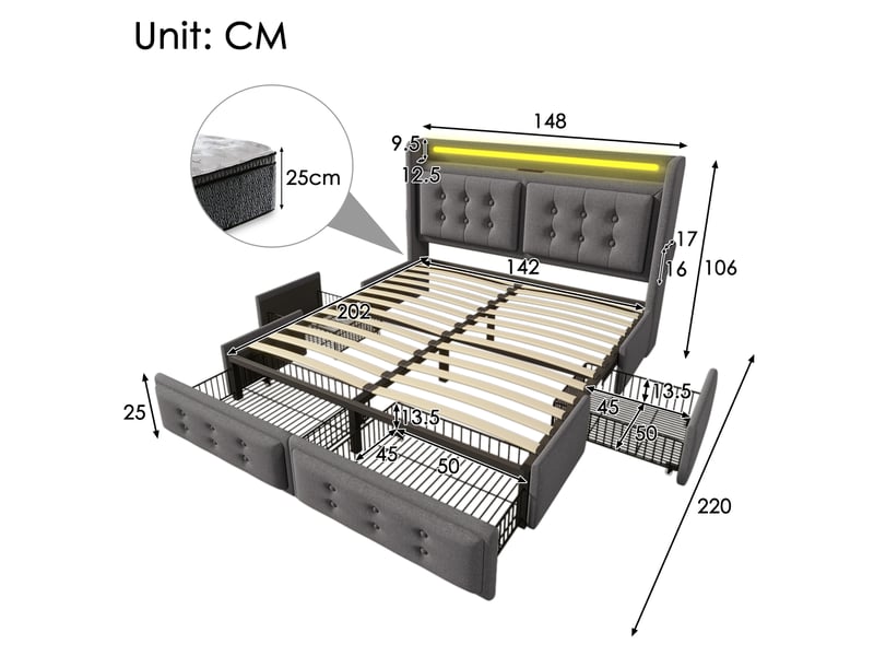  Lit double 140x200 cm tissu gris – matelas inclus, tête led usb-c, 4 tiroirs et sommier boismétal, 300 kg  - Conforama C