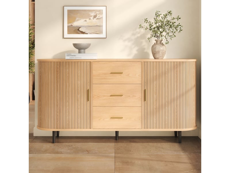  Buffet 160x40x80,5 cm, meuble rangement courbé avec 3 tiroirs, portes coulissantes, rainures verticales, pieds fer, mdf, naturel Sol Morn - Conforama B