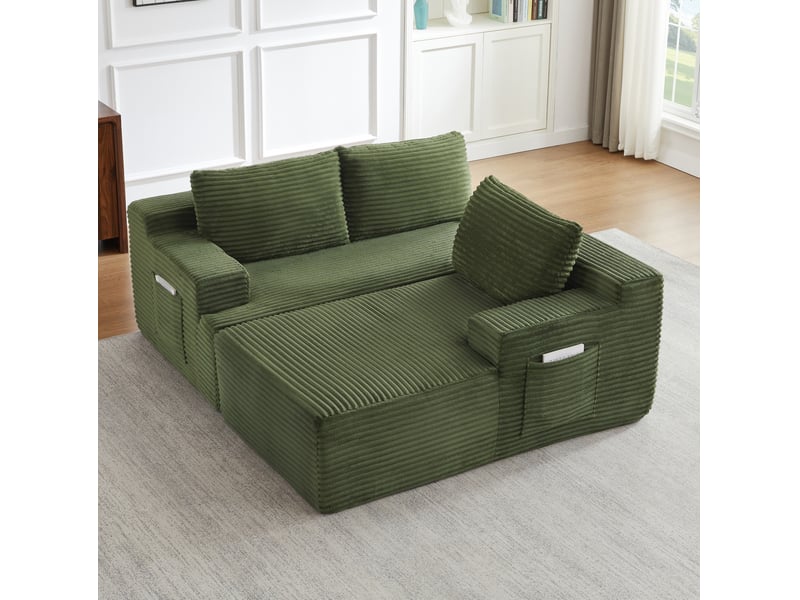  Canapé d'angle compressé en l 238x152x66 cm modulable 3 places, mousse et velours côtelé couleur vert, moderne  - Conforama D