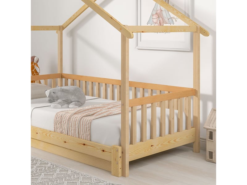  Lit cabane enfant 200x90, garde-corps sécurité lit enfant, structure bois massif, lit gigogne  - Conforama D