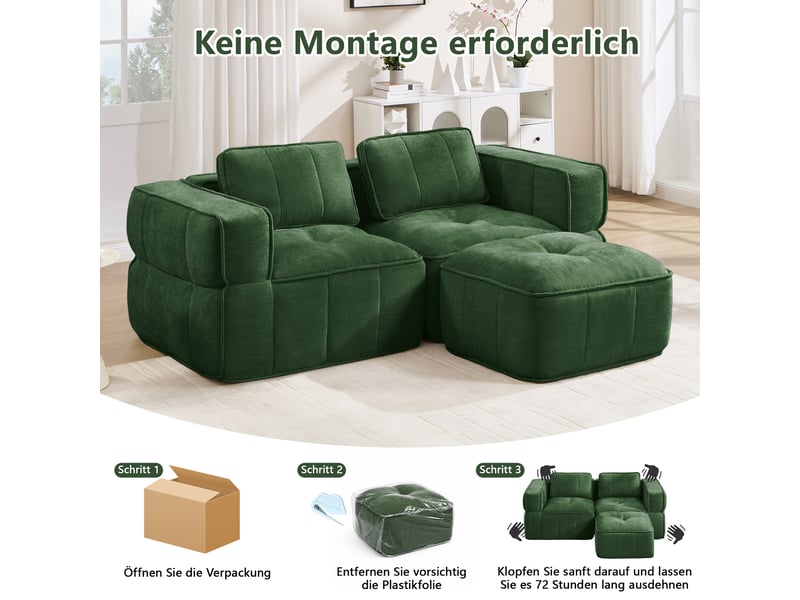 Canapé modulable d’angle en l 2 places en polyester vert, 198 x 162 x 67 cm, sans montage, mousse haute densité 32d, assise profonde, avec pouf Luxe haut de gamme - Conforama D