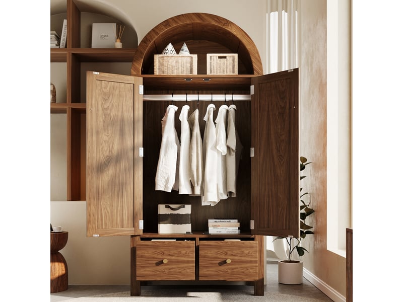  Armoire arquée 2 portes 78 × 45 × 181 cm, 2 tiroirs et rotin, aspect noyer IKSETERA TRADING LTD - Conforama D