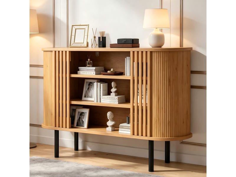  Buffet 120x40x80 cm à compartiments ouverts en mdf, pieds en métal, couleur naturel, design simple  - Conforama D