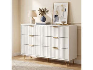 Commode chambre 6 tiroirs, commode blanche, meuble de rangement avec façades texturées et pieds dorés, style moderne, blanc
