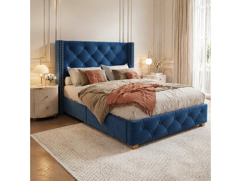  Lit simple 90x200 cm en velours bleu avec sommier à lattes et tête de lit  - Conforama B