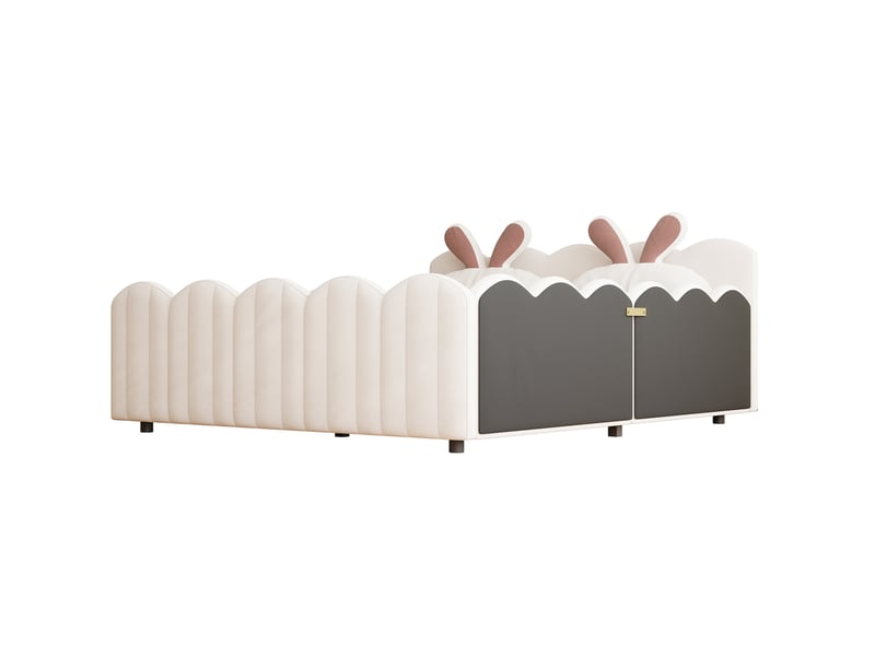  Lit 2 places rembourré 140x200 cm avec coussin en forme de lapin, beige  - Conforama D