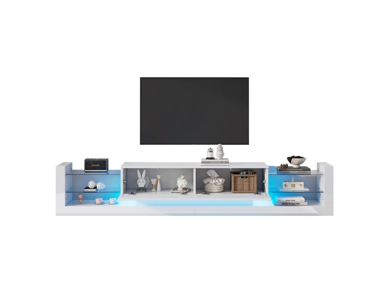  Meuble tv blanc laqué led 181 cm - pour tv jusqu'à 80 pouces - façade verre et 2 tiroirs  - Conforama D