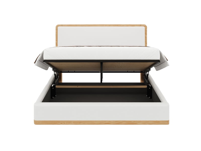 Lit coffre rembourré 140x200 cm - rangement coffre - tête de lit rembourrée et sommier à lattes - mdf - blanc+naturel (sans matelas) - Conforama W