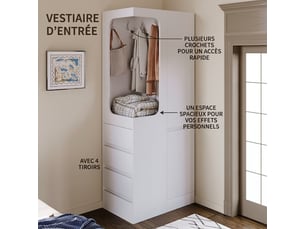 Armoire blanche 1 porte 70x40x170 cm avec tiroirs et penderie ouverte en bois, meuble de rangement