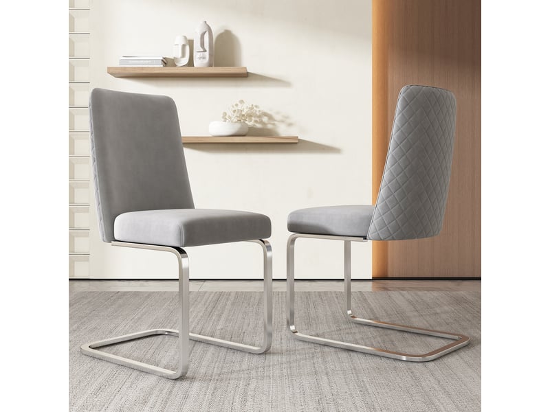  Chaise de salle à manger lot de 4 à dossier capitonné  - pieds en métal, velours gris et argenté  - Conforama C