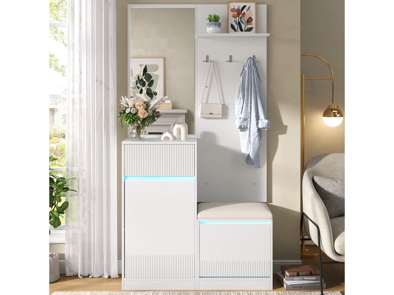  Vestiaire d'entrée compact avec meuble à chaussures, banc, miroir, éclairage led, blanc  - Conforama D