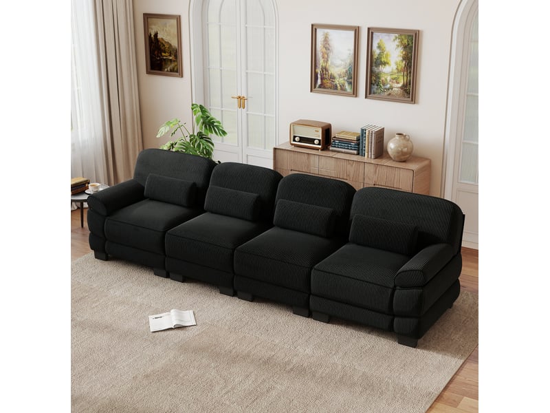  Canapé modulable 4 places 336x88,5x94 cm en velours côtelé noir  - Conforama D