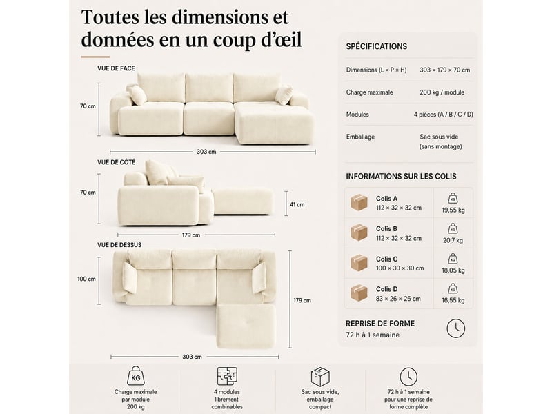  Canapé modulaire à compression, en tissu velours  - Conforama W