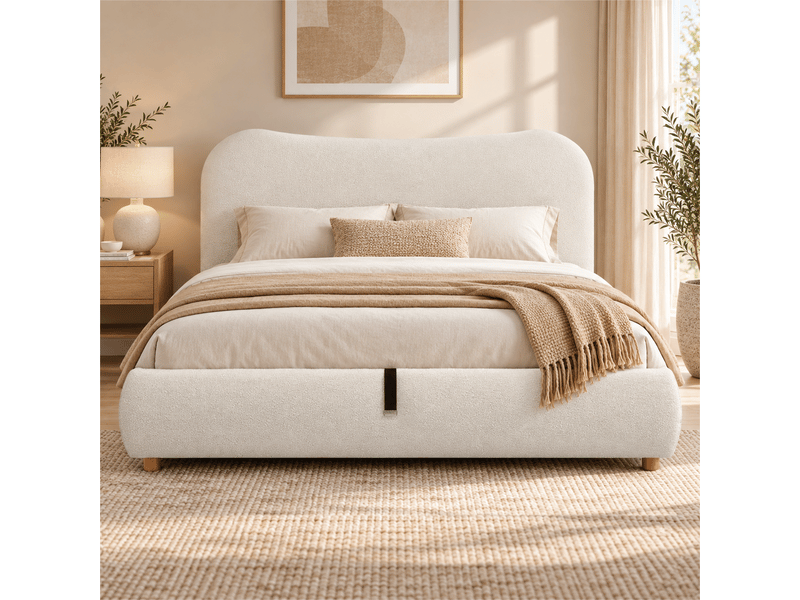 Lit coffre rembourré 180x200 cm - sommier relevable - grand rangement - sommier à lattes - boucle - design moderne - gain de place - blanc CozyNest - Conforama C