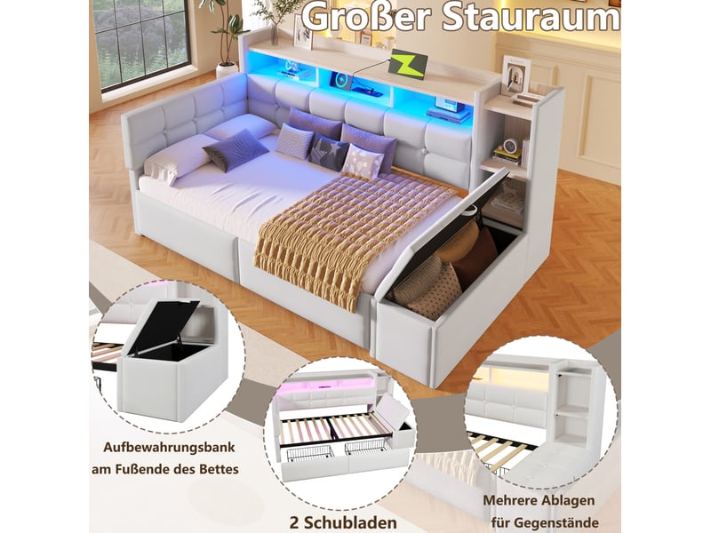  Lit enfant 90x190 cm, 2 tiroirs de rangement, pouf-coffre, led multicolore, port usb-c, en velours blanc, sans matelas  - Conforama D