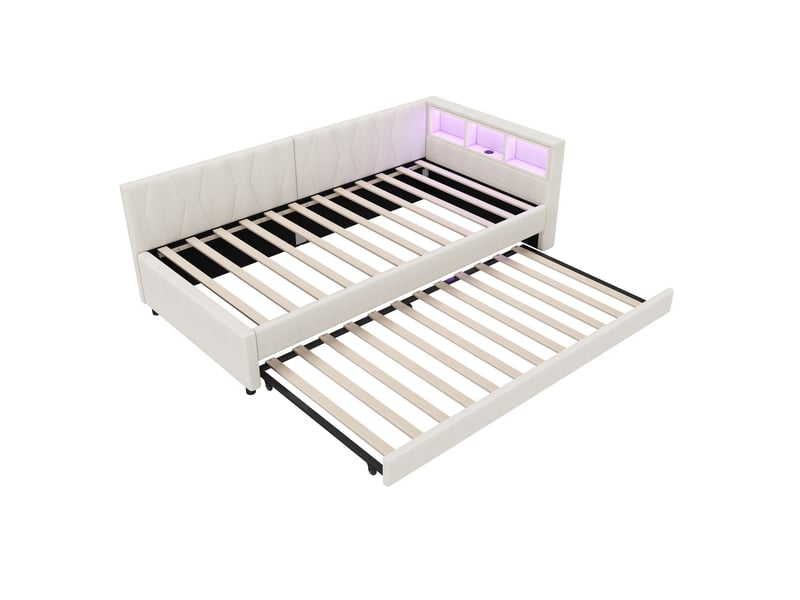 Lit banquette beige 90x200 cm, lit gigogne, led, usb-c et rangement intégré  - Conforama E