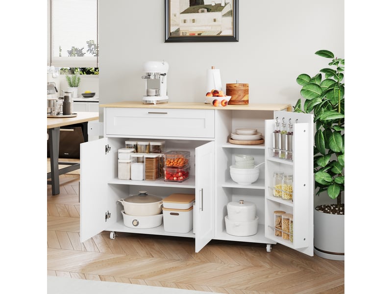  Desserte de cuisine 132.5x44x90 cm mdf blanc et naturel avec plateau rabattable  - Conforama D