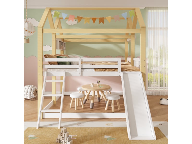  Lit enfant 90x200 cm avec toboggan et échelle, lit maison blanc et bois naturel, lit de jeu semi-haut avec porte  - Conforama D