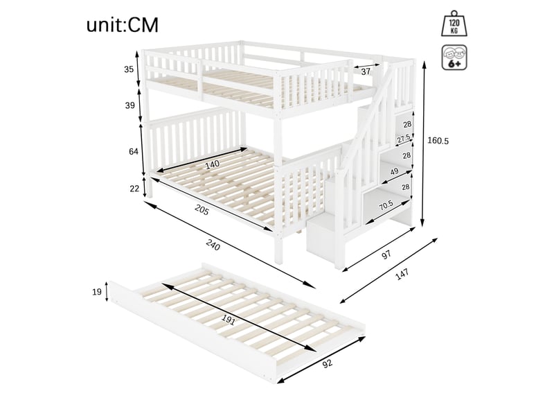  Lit superposé enfant 140x200 cm avec lit gigogne et escalier rangement blanc  - Conforama C