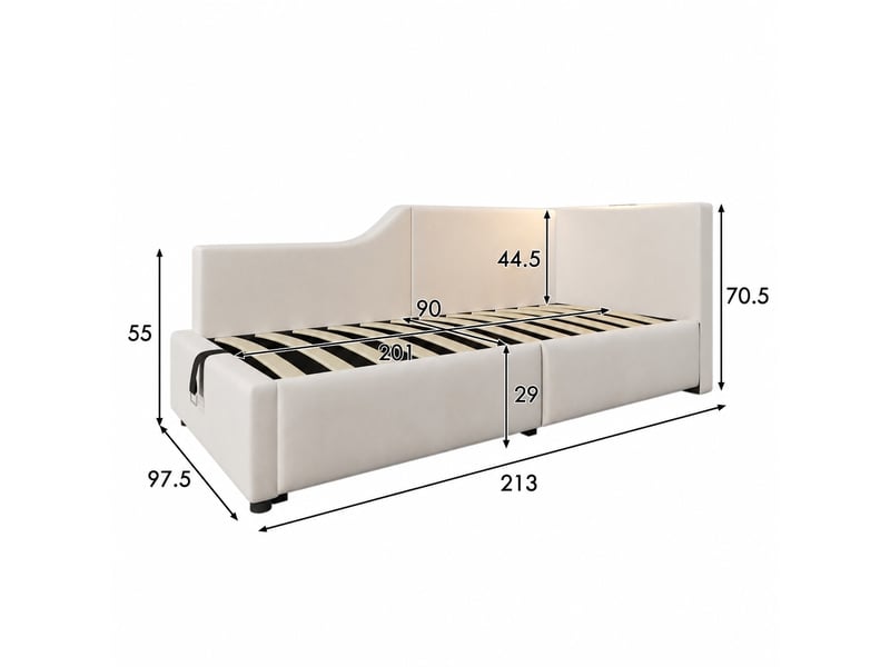  Lit banquette 90x200cm avec coffre hydraulique, liseuse et usb-c, velours beige  - Conforama C