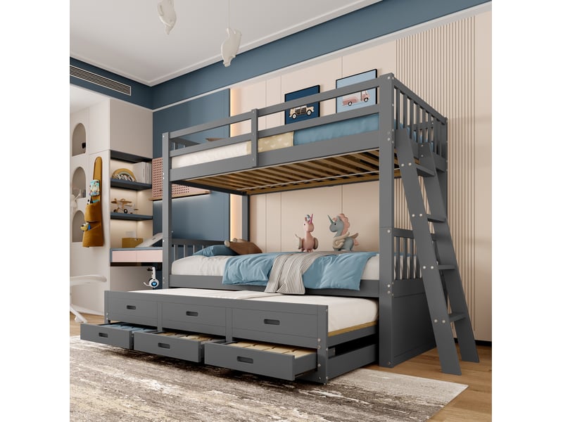  Lit superposé enfant 90x200 cm avec lit gigogne, 3 tiroirs, gris, sans matelas  - Conforama B