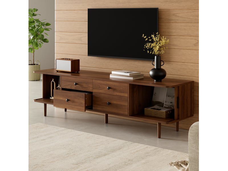  Meuble tv avec 4 tiroirs et 2 portes coulissantes, rangement bas fermé pour salon, en mdf noyer, 165 × 40 × 46 cm  - Conforama B