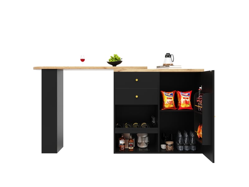 Table de bar pivotante îlot de cuisine noir en mdf avec 2 tiroirs et étagères à 3 niveaux, meuble modulable pour salle à manger - Conforama W